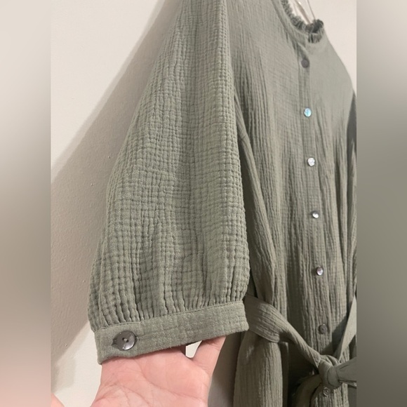Soft Surroundings Sage Green Cotton Gauze Belted Button Up Dress - Picture 4 of 8
